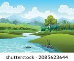 Landscape with river flowing through hills, scenic green fields, forest and mountains. Beautiful scene with river bank shore, reed cane, blue water, green hill, grass tree and clouds on sky
