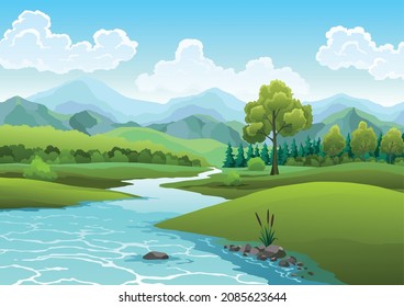 Landscape with river flowing through hills, scenic green fields, forest and mountains. Beautiful scene with river bank shore, reed cane, blue water, green hill, grass tree and clouds on sky