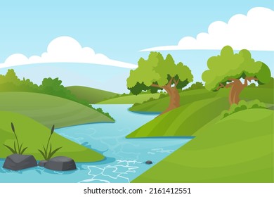 Paisaje con río que fluye por las colinas, pintoresco bosque verde y montañas. escena con ilustración de vector de río 