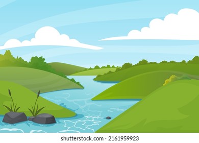 Landschaft mit Fluss fließt durch Hügel, malerische grüne Wälder und Berge. Szene mit Fluss-Vektorgrafik 