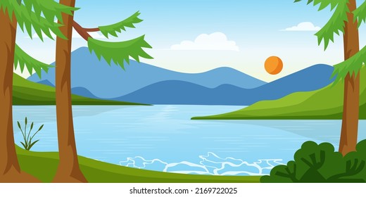 Landscape River Flowing Through Hills Scenic Stock Vector Royalty Free