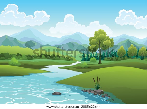 Landscape River Flowing Through Hills Scenic Stock Vector (Royalty Free ...