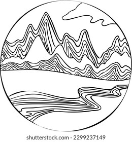 Landscape with the river flows in front of the mountains inside the circle vector illustration