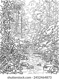 Paisaje con río y bosque. Libro para colorear