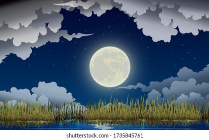 landscape of river in the full moon night