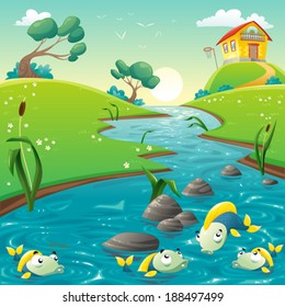 Landscape with river and funny fish. Vector illustration