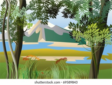 Landscape with river and high hills of the jungle