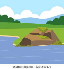 Paisaje con río y colina. Ilustración vectorial en estilo plano.