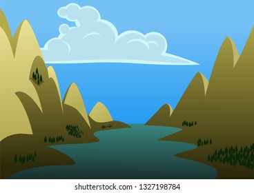 A landscape of a river in the middle of two big mountains. Vector Illustration.