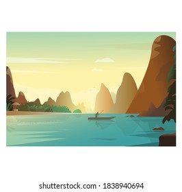 Landscape river mountains boat vector illustration