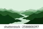 Landscape of a river in mountains scenery. Panoramic view of mountain range with a river flowing through it. Vector illustration of scenic landscape with river winding between majestic mountain range
