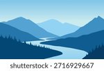 Landscape of a river in mountains scenery. Panoramic view of mountain range with a river flowing through it. Vector illustration of scenic landscape with river winding between majestic mountain range