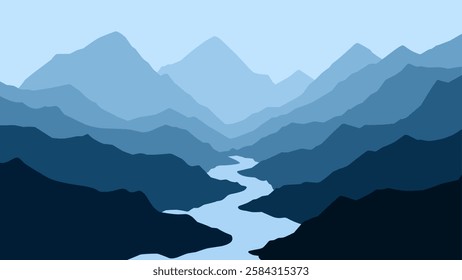 Landscape of a river in mountains scenery. Panoramic view of mountain range with a river flowing through it. Vector illustration of scenic landscape with river winding between majestic mountain range