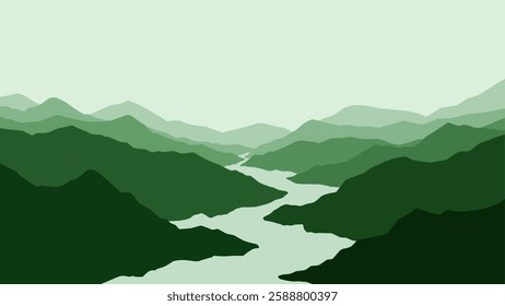 Landscape of a river in mountains scenery. Panoramic view of mountain range with a river flowing through it. Vector illustration of scenic landscape with river winding between majestic mountain range