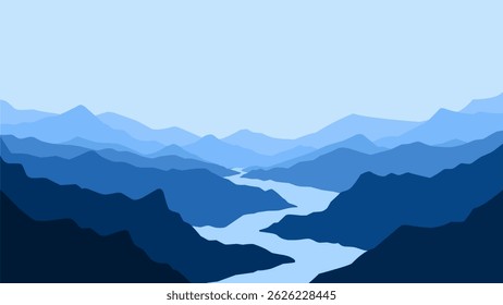Landscape of a river in mountains scenery. Panoramic view of mountain range with a river flowing through it. Vector illustration of scenic landscape with river winding between majestic mountain range