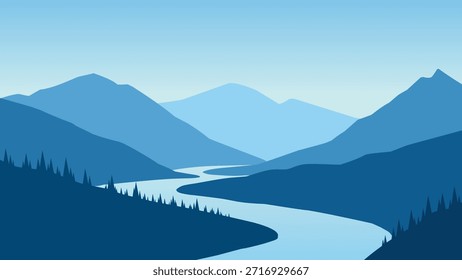 Paisaje de un río en el paisaje de las montañas. Vista panorámica de la cordillera con un río que fluye a través de ella. Ilustración vectorial de paisajes paisajísticos con ríos serpenteantes entre majestuosas sierras