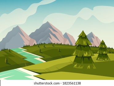 Landscape river nature meadows fir concept. Vector flat graphic design illustration