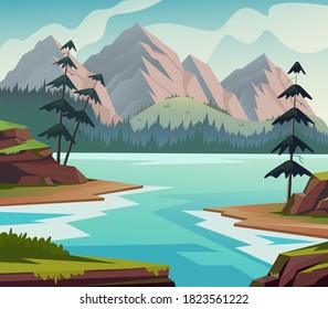 Landscape river nature meadows fir pine hills concept. Vector flat graphic design illustration