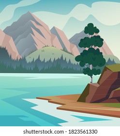 Landscape river nature meadows tree hills concept. Vector flat graphic design illustration