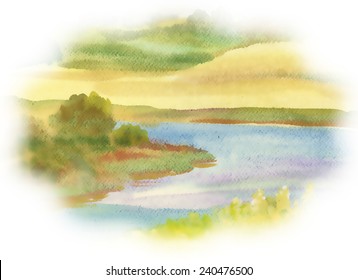 Landscape with river on white background, watercolor vector illustration