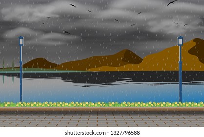 landscape of the river in rain