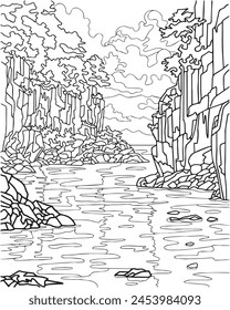 Landscape with river and rocks. Coloring book