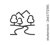 Landscape with river, trees, and mountains, linear icon. Nature and eco tourism. Line with editable stroke