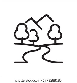 Landscape with river, trees, and mountains, linear icon. Nature and eco tourism. Line with editable stroke.