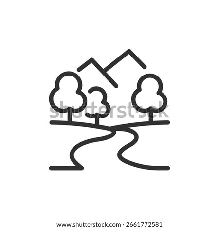 Landscape with river, trees, and mountains, linear icon. Nature and eco tourism. Line with editable stroke