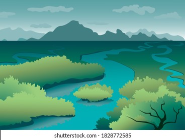 valle del río del paisaje, montañas en el horizonte