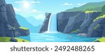 Landscape of a river waterfall with beautiful natural scenery. Vector illustration of a landscape with cascading cliffs, river streams, rocky cliffs, high waterfalls against the backdrop of the bright