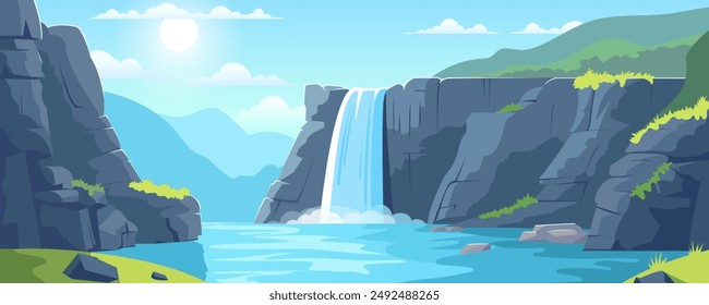 Landschaft eines Flusswasserfalls mit schöner natürlicher Landschaft. Vektorillustration einer Landschaft mit kaskadenförmigen Klippen, Flussläufen, felsigen Klippen, hohen Wasserfällen vor der Kulisse der hellen