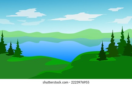 Landschaft, Flussufer, Bäume, Hintergrund für Website-Banner. Vektorgrafik.