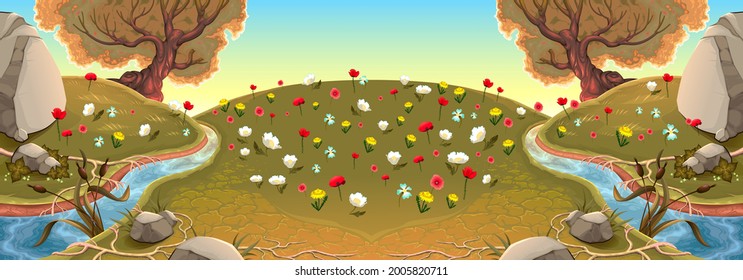 Landscape with rivers and flowers. Vector background illustration.
