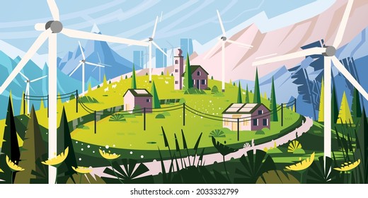 Landscape with Road in Alps. Renewable Green Energy Concept with Wind Turbines in Village and Solar Panels on the Roofs. Vector Illustration. Sustainable Ecological Power Generation of Clean Energy.