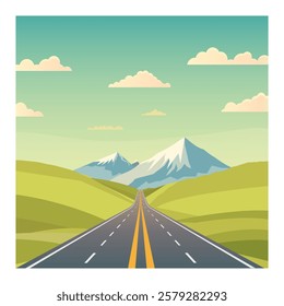 Landscape with a road among meadows and mountains.Vector illustration.