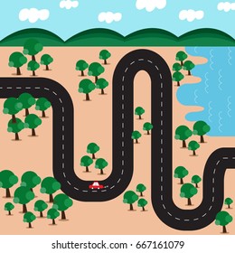 Landscape with the road, forest, lake, red cars, sky and cloud. Vector Illustration 
