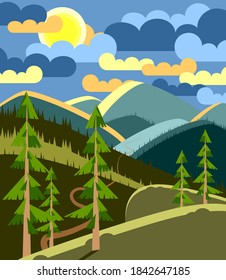 Landscape with road, forest and mountains. Vector illustration of natural background for poster, banner, card, brochure or cover.