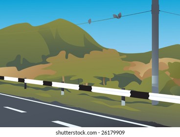 Landscape road, hill and trees. Birds on power lines. (EPS and JPG formats)