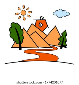 Landscape with a road and a house in the mountains. Vector scalable color drawing.