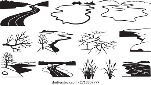 Paisaje con carretera, lago, ramas desnudas. Escenario de Naturaleza con contornos gráficos.