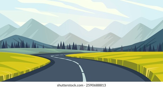 Landscape with road and mountains in background. Green lawn and mountains on background. Travel in auto. Summer scenery. Spring meadow. Cartoon flat isolated environment vector concept