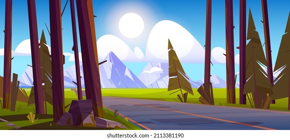 Landscape with road and mountains range. Summer travel or trip through scenery rural or countryside nature. Sstraight highway in conifer forest, adventure and wanderlust Cartoon vector illustration