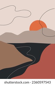 Landscape road and mountains. Vector illustration. Minimalist, simple and basic poster. Landscape banner in warm pastel tones for art decorations, decoration print.