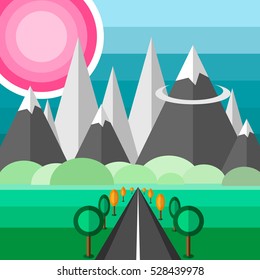Landscape with a road and mountains.Sunset time.Vector illustration.