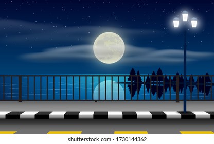 landscape of road on the beach in full moon night