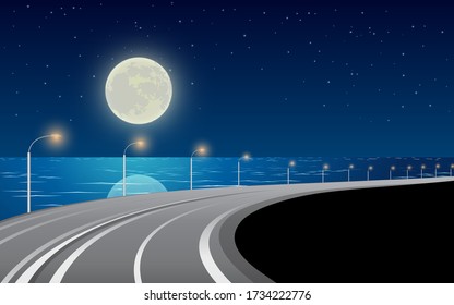 landscape of road on the beach in full moon night