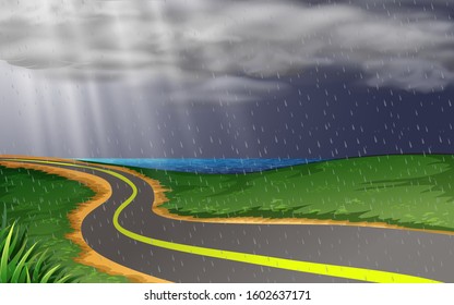 landscape of road on the beach in the rain