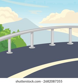landscape road on the edge of a cliff in a hilly area, with iron fences to protect the road vector illustration element design 