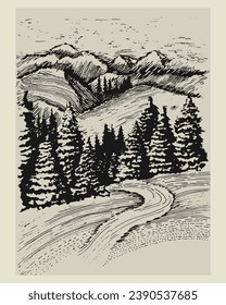 Landscape with a road, pine woods, coniferous forest and mountain range. The road leading to the forest. Vector graphic vintage illustration. Engraving, etching, woodcut. Retro postcard. Sketch.